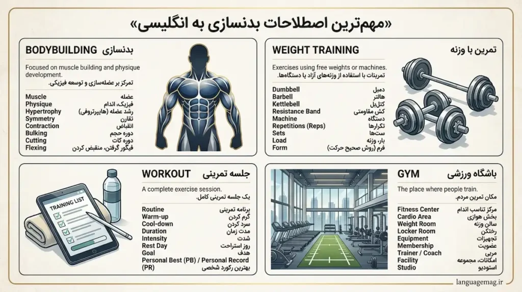 کامل ترین لیست اصلاحات بدنسازی به زبان انگلیسی